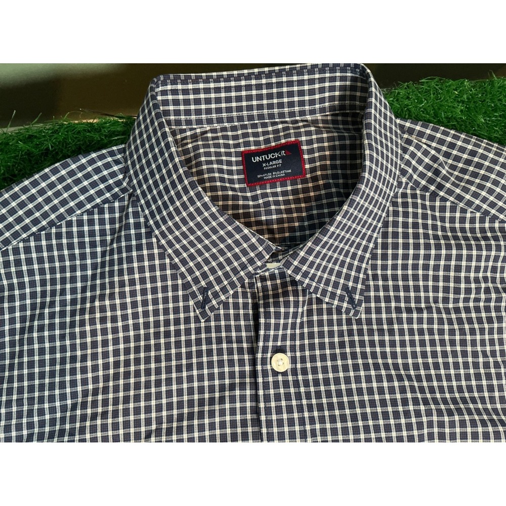 Untuckit Mens XL Regular Fit Navy White Micro Check Performance Shirt - Picture 2 of 4